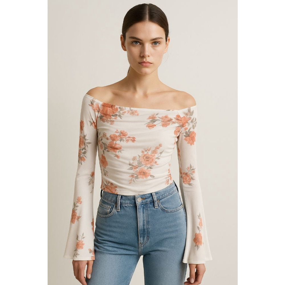 Off Shoulder Flare Sleeve Floral Semi-sheer Mesh Ruched Top